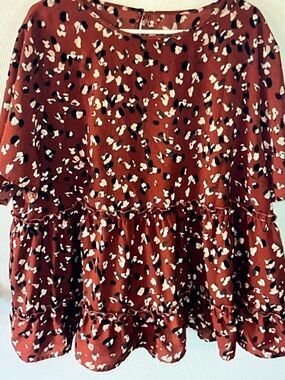 Ruffled Peplum Blouse in Rust Multi Spot